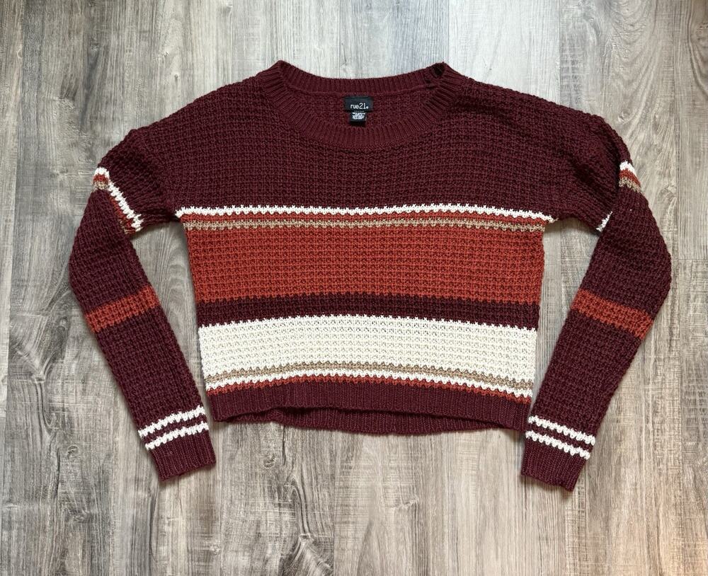rue21 Women’s Medium Cropped Knit Sweater Burgundy Rust Cream Colorblock